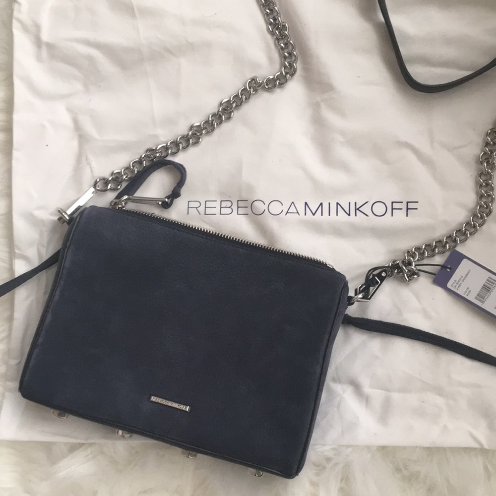 Rebecca Minkoff Navy Blue Suede Avery Crossbody Bag with Silver Chain
